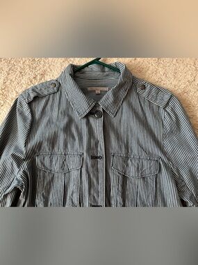 GAP Navy & White Striped Button-Front Utility Jacket Drawstring Taped Seams Sz L